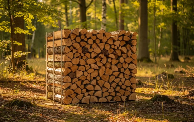 Un mètre cube de bûches de bois de 50 cm empilées dans une clairière ensoleillée de forêt avec des ombres douces.