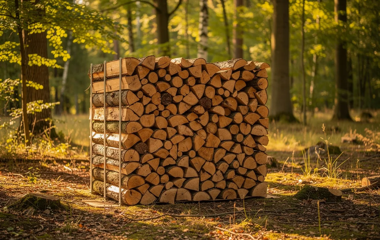 Un mètre cube de bûches de bois de 50 cm empilées dans une clairière ensoleillée de forêt avec des ombres douces.