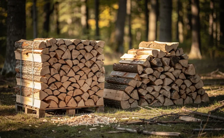 Une pile de bûches soigneusement empilées à côté d’un stère de bois plus désordonné dans une clairière ensoleillée.