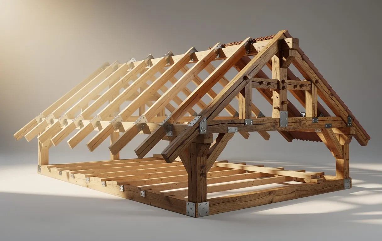 Deux demi-charpentes côte à côte : à gauche une fermette moderne aux connecteurs métalliques, à droite une charpente traditionnelle en bois massif, éclairées par la lumière de l’après-midi.