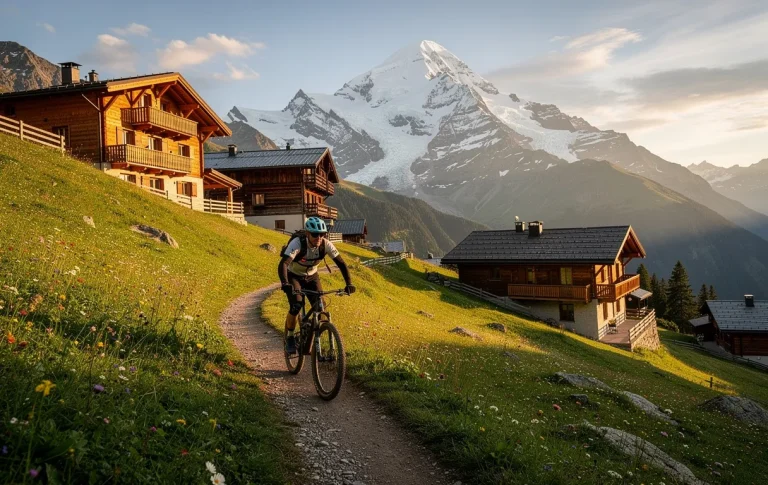 Un vététiste parcourt un sentier bordé de chalets alpins et de prairies verdoyantes avec le Mont-Blanc enneigé en arrière-plan au petit matin.