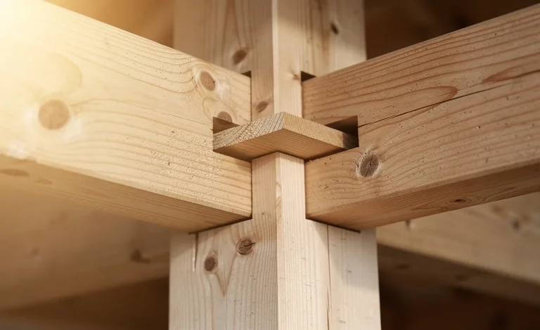 Assemblage en tenon d’une charpente en bois, mis en valeur par la lumière et la texture apparente du matériau.