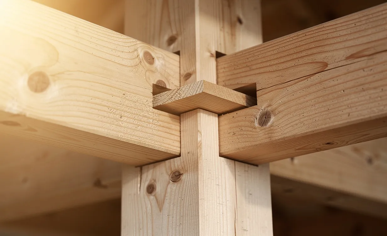 Assemblage en tenon d’une charpente en bois, mis en valeur par la lumière et la texture apparente du matériau.