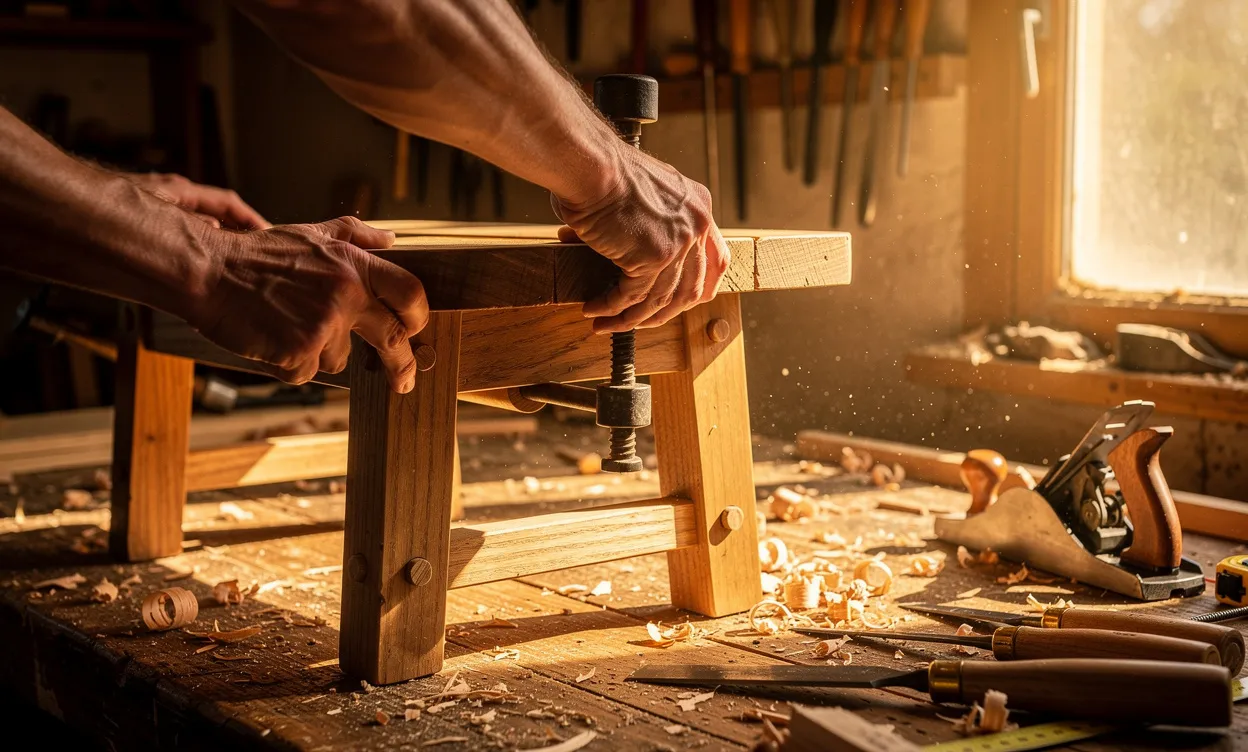 Un banc en bois massif en cours d’assemblage dans un atelier baigné par la lumière dorée de l’après-midi, avec des copeaux épars sur le sol.