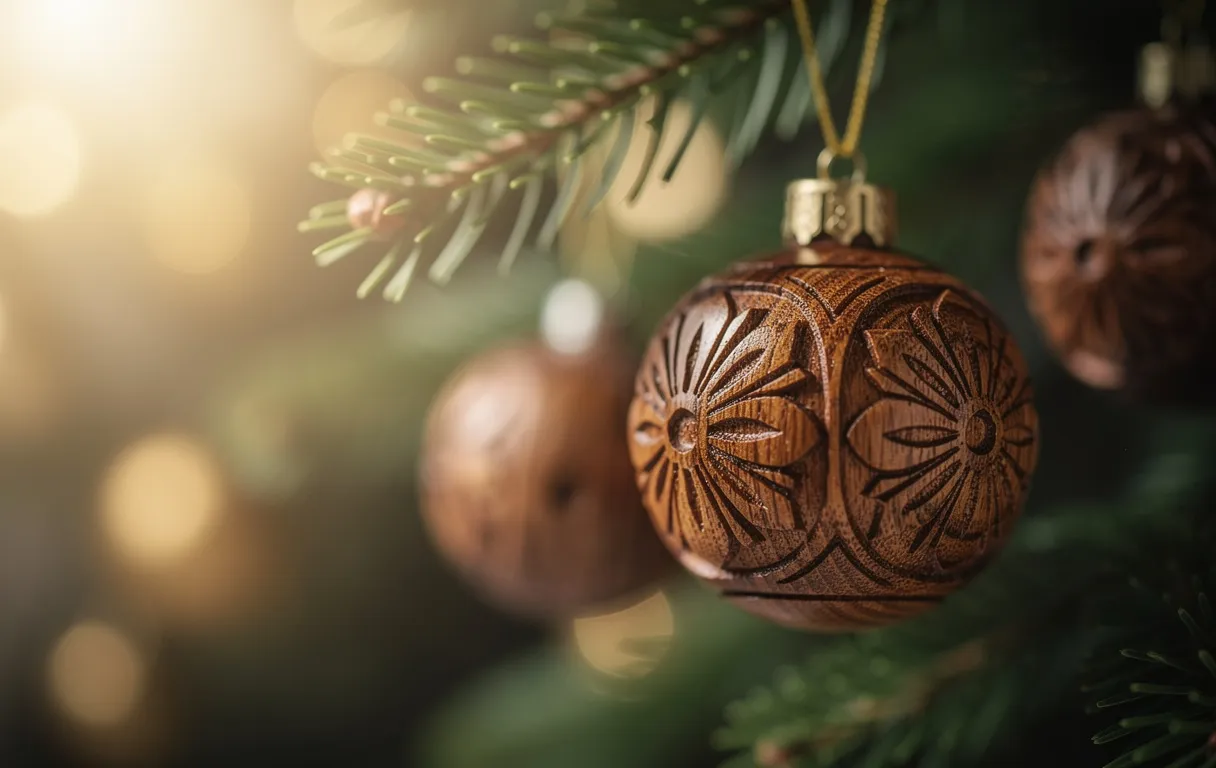 Des boules de Noël en bois finement sculptées sont suspendues à une branche de sapin, baignées d’une lumière douce à travers le feuillage.