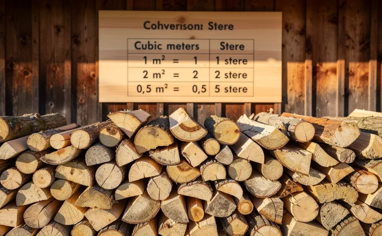 Des bûches de bois empilées devant un panneau en bois affichant un tableau de conversion entre mètres cubes et stères, éclairées par une lumière naturelle douce.