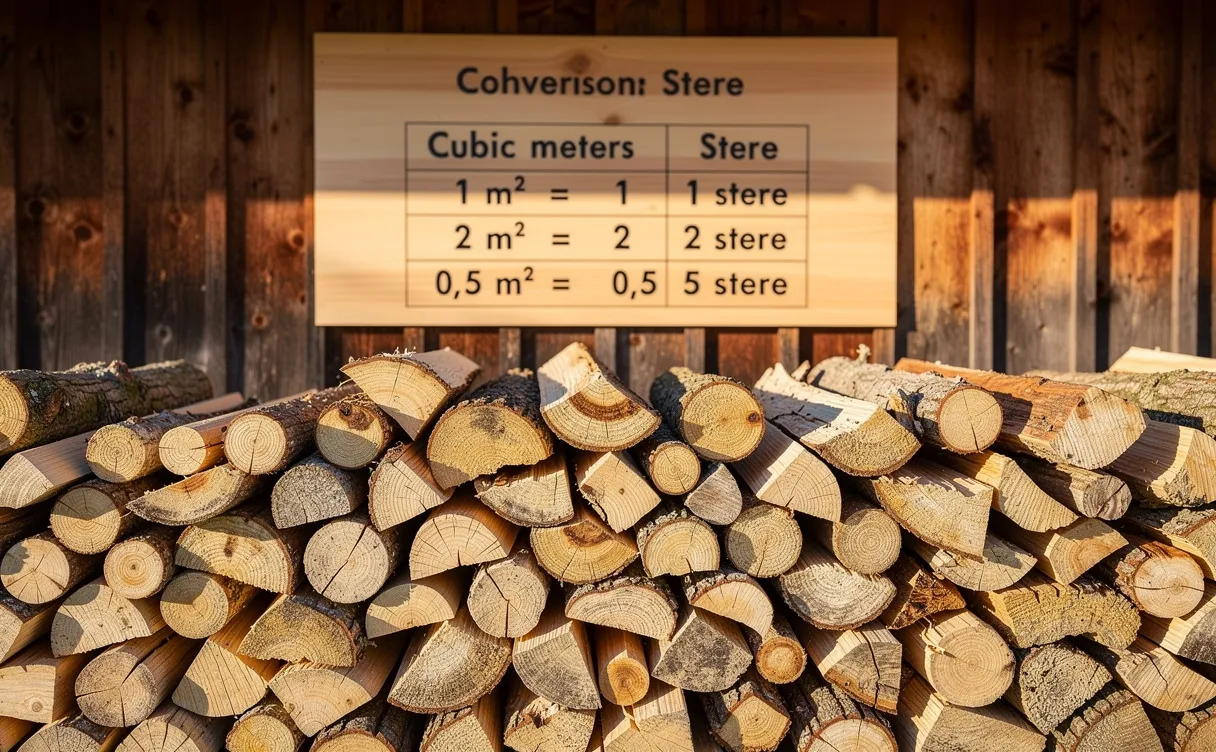 Des bûches de bois empilées devant un panneau en bois affichant un tableau de conversion entre mètres cubes et stères, éclairées par une lumière naturelle douce.