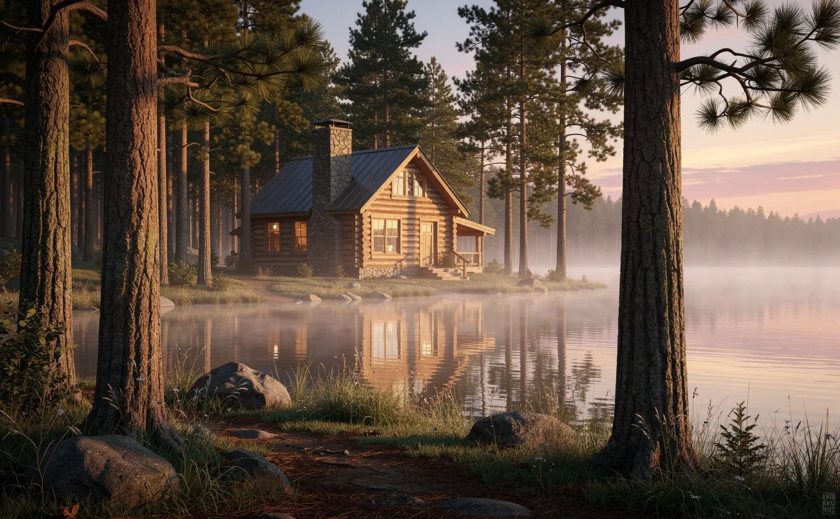 Un chalet en bois est entouré de pins près d’un lac calme au lever du soleil, baigné de lumière dorée et légèrement enveloppé de brume matinale.