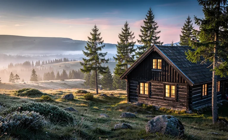 Un chalet scandinave en rondins entouré de pins dans les hautes terres du Mézenc, avec une brume matinale à l’aube.