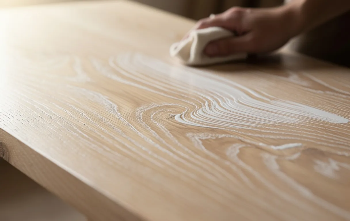 Gros plan sur une planche en bois cérusé où un pigment blanc met en valeur le veinage naturel sous une lumière matinale douce.