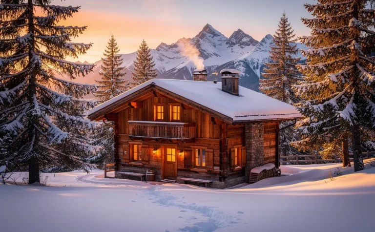 Un chalet en bois entouré de pins enneigés dans les Hautes-Alpes, éclairé par la lumière dorée du coucher de soleil avec des montagnes en arrière-plan.