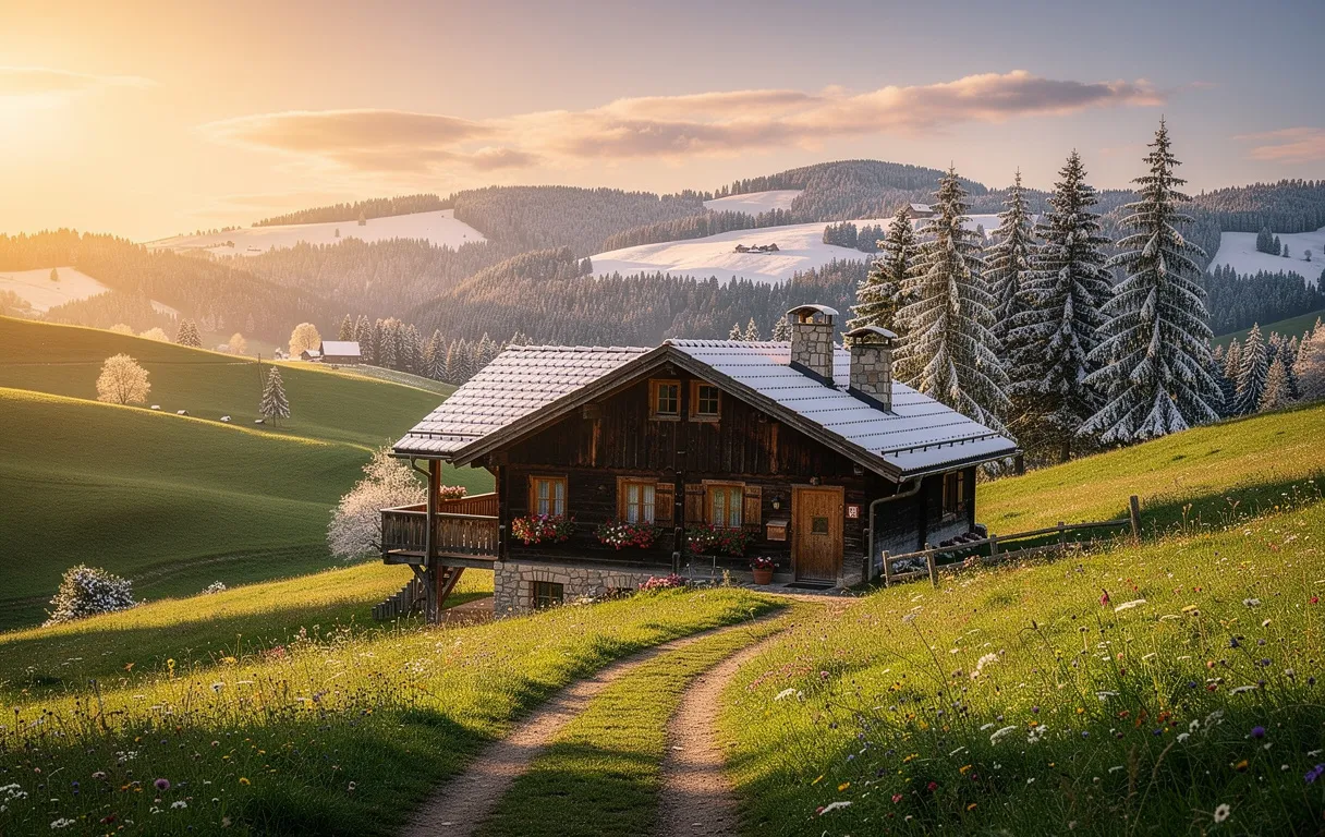 Un chalet en bois entouré de collines du Jura, de forêts verdoyantes et d’arbres enneigés sous une lumière dorée de coucher de soleil.
