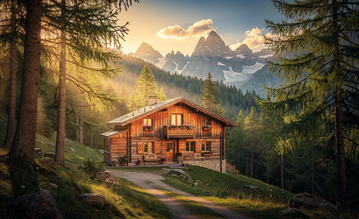 Un chalet en bois se dresse parmi des pins et des montagnes enneigées sous la lumière dorée du soleil couchant.
