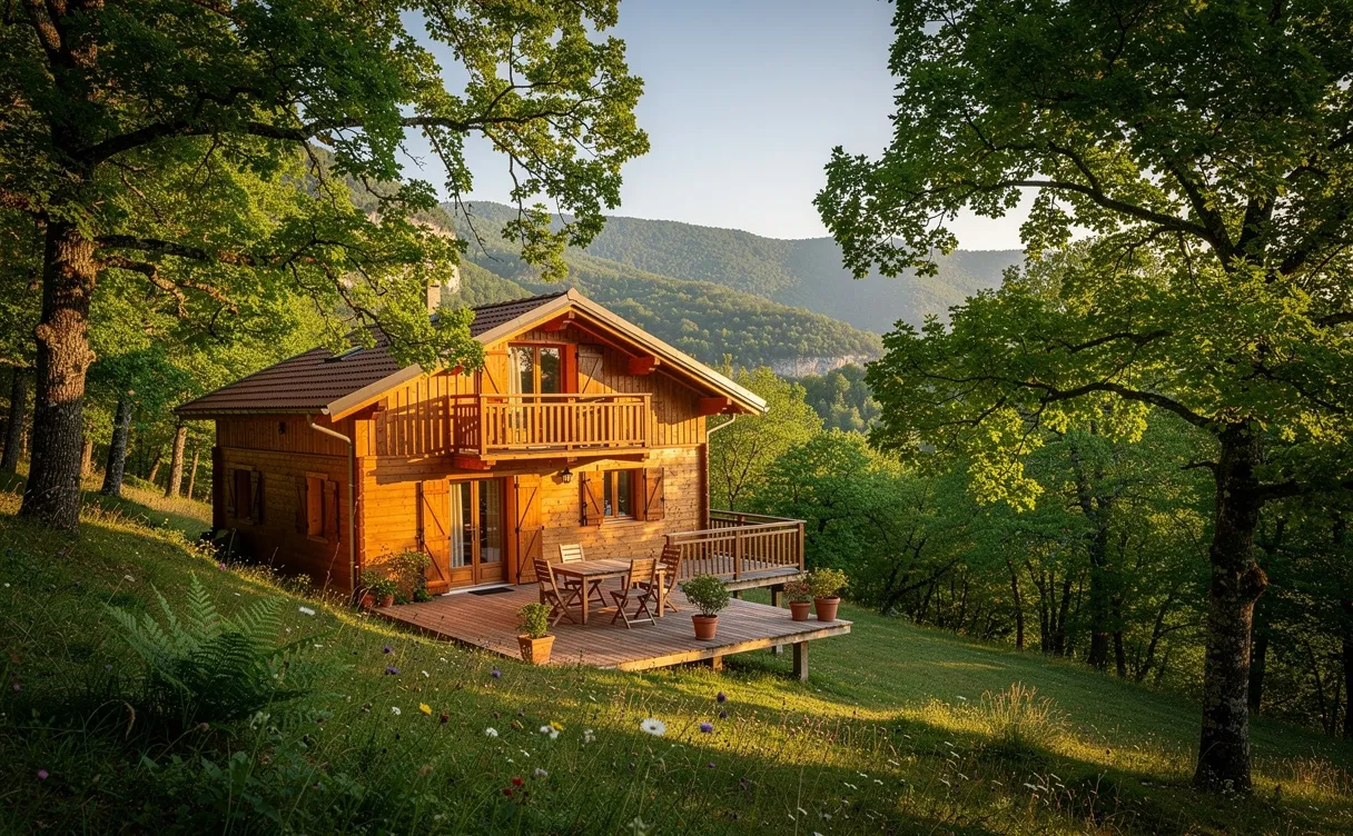 Un chalet en bois se trouve au milieu de la verdure ardéchoise avec une terrasse ensoleillée et des collines à l’arrière-plan.