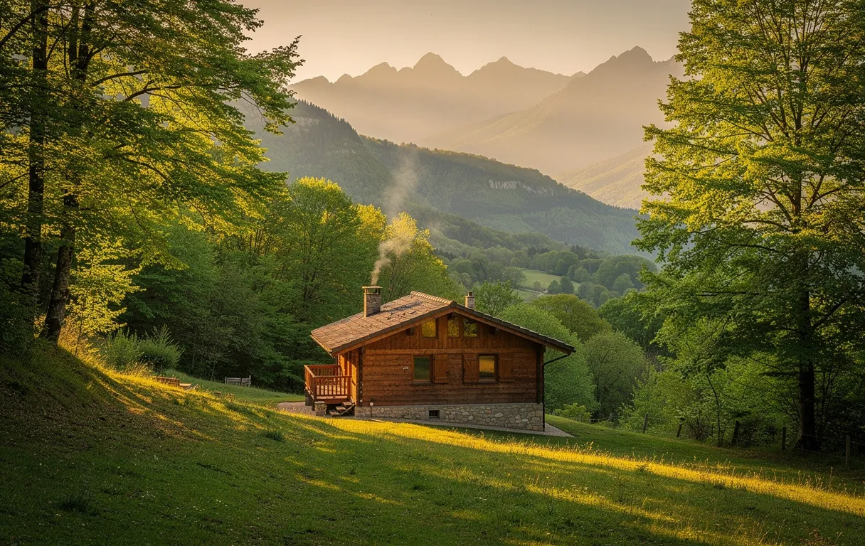 Un chalet en bois entouré de forêts verdoyantes et de collines avec des montagnes au loin sous une lumière dorée du soir.