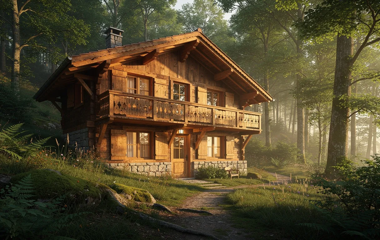 Un chalet traditionnel en bois aux fenêtres éclairées se trouve au cœur d’une forêt verdoyante de Lorraine au crépuscule.