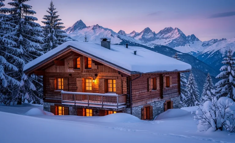 Un chalet en bois éclairé se trouve au cœur des montagnes enneigées de Savoie, entouré de pins, sous une lumière crépusculaire.