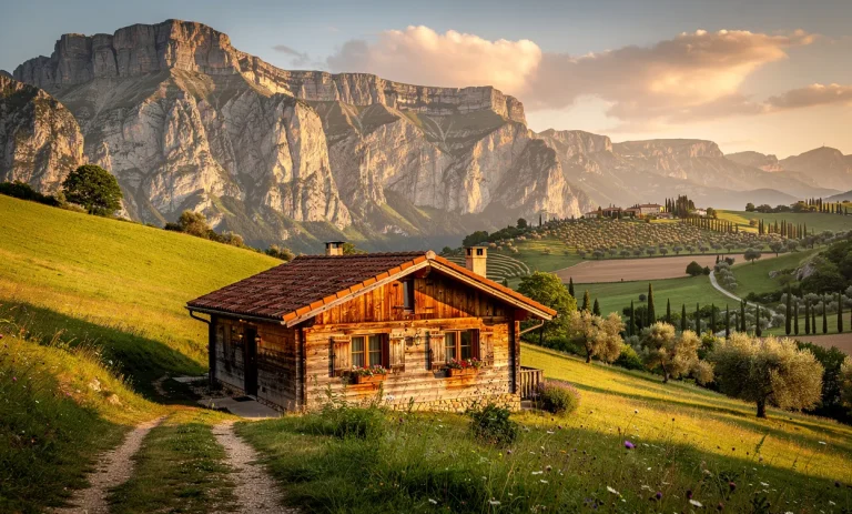 Un chalet en bois se trouve entre des collines verdoyantes et des falaises, avec en arrière-plan les montagnes du Vercors et des paysages baignés de lumière dorée.