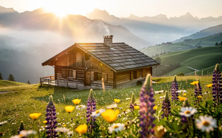 Un chalet en bois entouré de verdure et de fleurs sauvages dans les Hautes-Pyrénées, avec des rayons de soleil traversant la brume matinale.