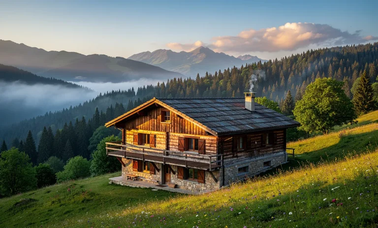 Un chalet en bois est situé au pied des Pyrénées-Atlantiques, entouré de forêts de pins sous une légère brume et éclairé par le soleil couchant.