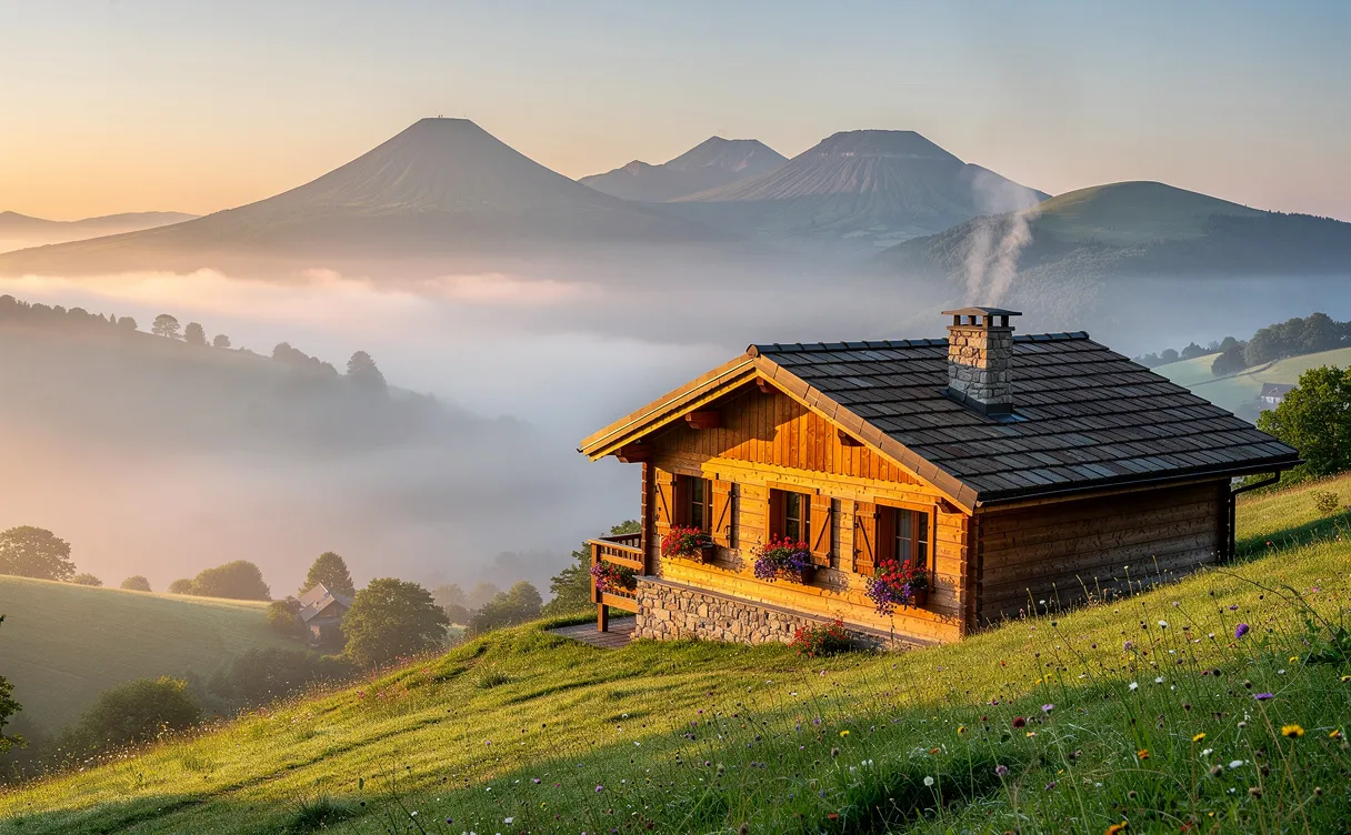 Un chalet en bois chaleureux se trouve sur une colline verdoyante face à des volcans anciens du Cantal, avec la brume matinale et une lumière dorée à l’aube.