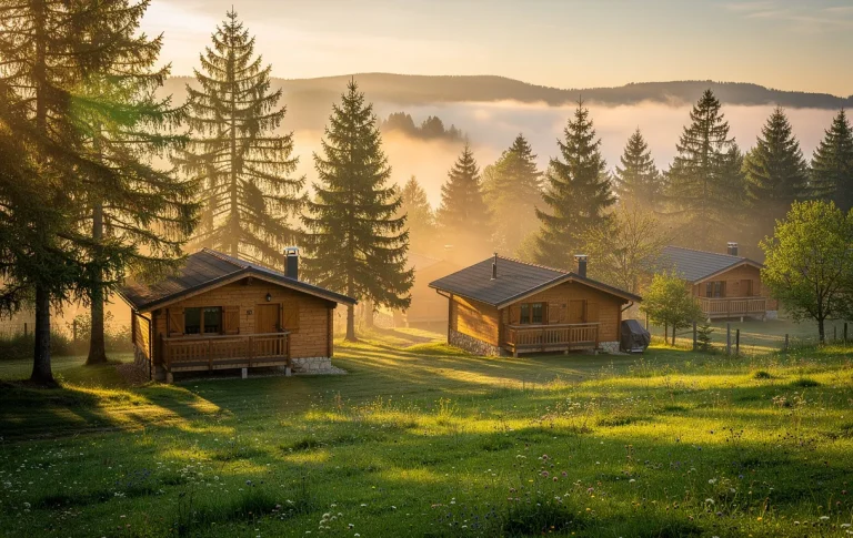 Des chalets en bois entourés de pins dans une campagne verdoyante de Haute-Loire sous une brume matinale et une lumière dorée.