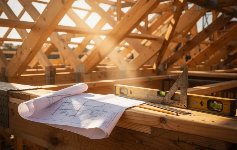 Structure en bois d’un toit en cours d’assemblage avec outils de mesure et plans posés sur les poutres à la lumière du jour.