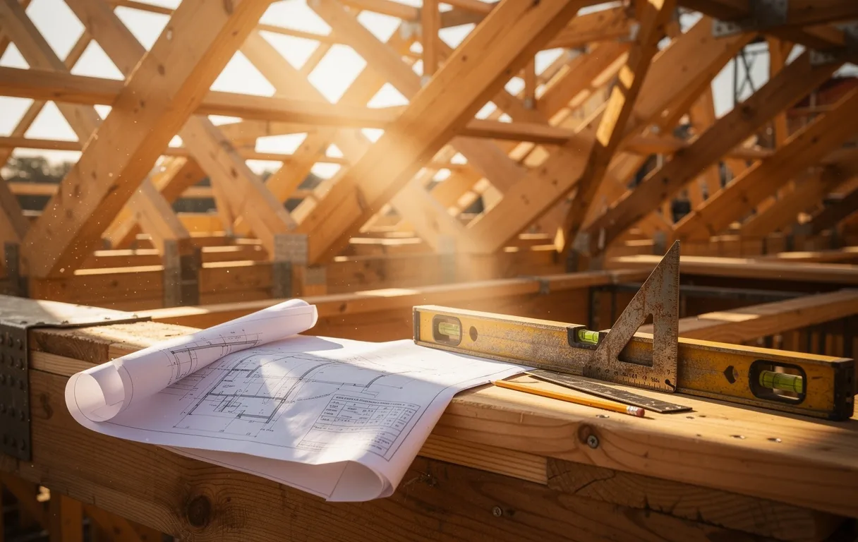 Structure en bois d’un toit en cours d’assemblage avec outils de mesure et plans posés sur les poutres à la lumière du jour.