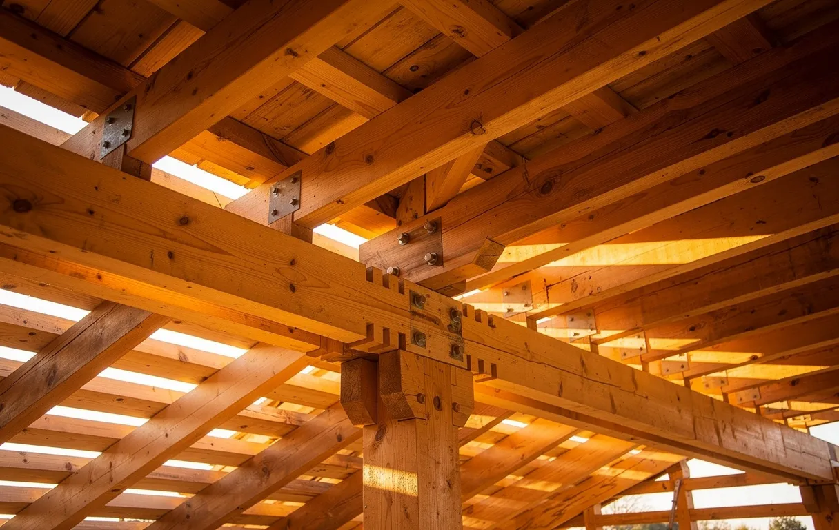 Charpente en bois sous la lumière du soleil, avec poutres et assemblages apparents.
