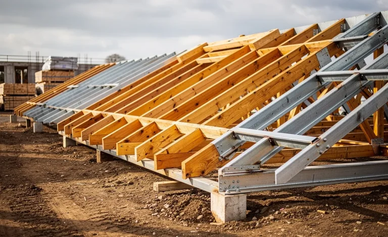 Différents charpentes de toit en bois et en métal sont alignées sur un chantier éclairé par la lumière du jour.