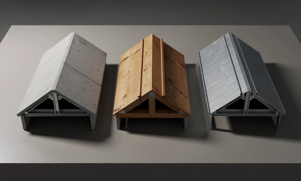 Trois maquettes de charpentes en béton, bois et métal sont alignées sur une table, éclairées par une lumière contrastée vue du dessus.