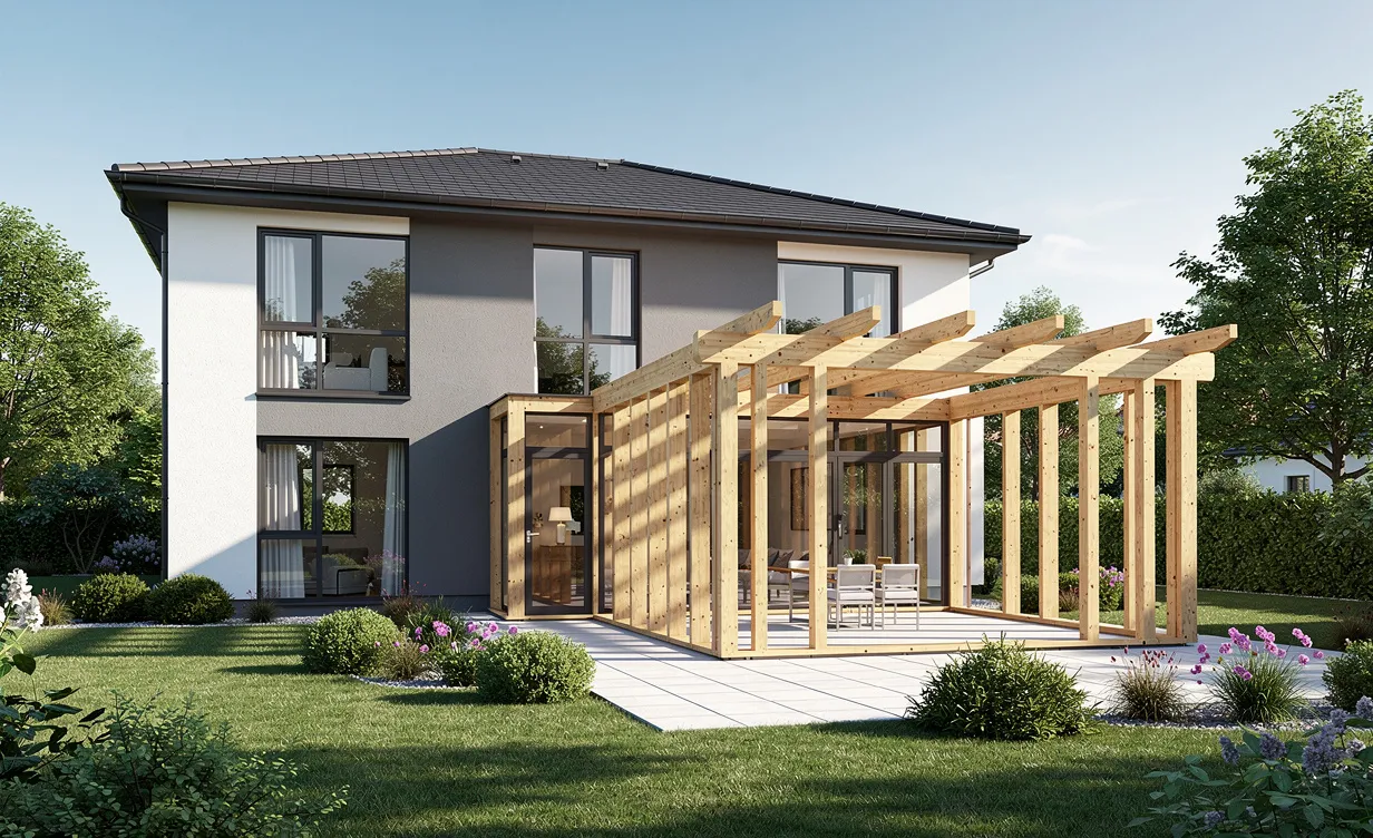 Maison moderne avec une extension en ossature bois récemment construite dans un jardin verdoyant par une journée ensoleillée.