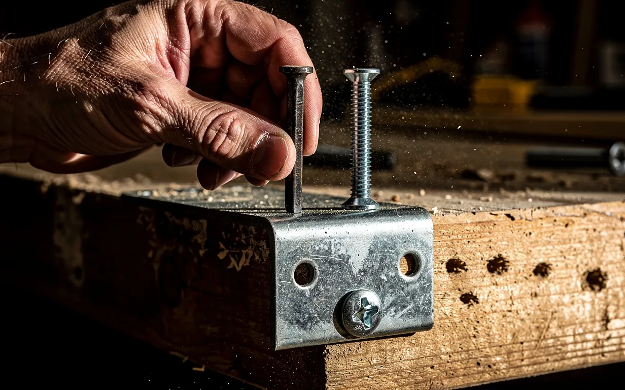 Main d’un menuisier tenant un clou et une vis au-dessus d’un étrier métallique fixé à une poutre en bois, avec de la sciure volante et un éclairage latéral.