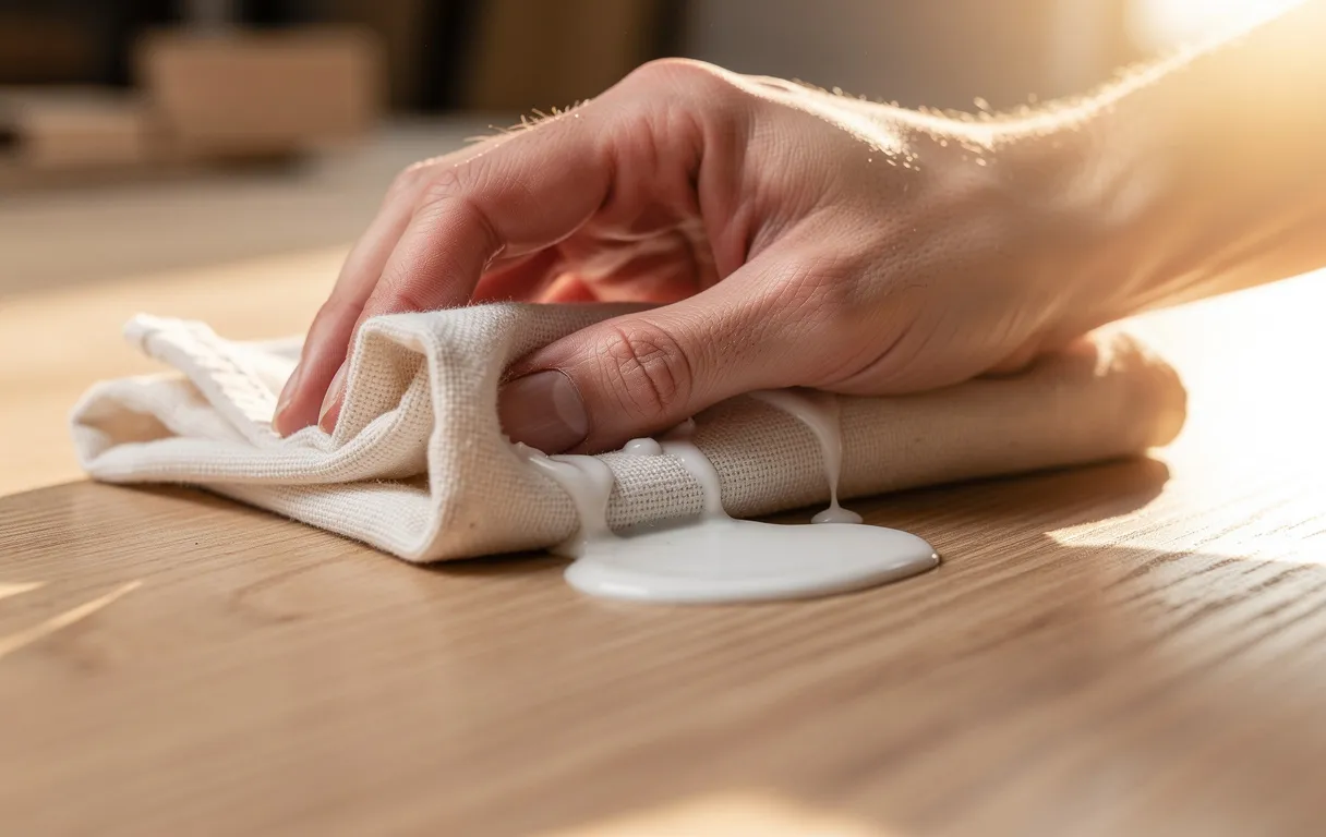 Une main essuie délicatement de la colle sur une surface en bois avec un chiffon doux.