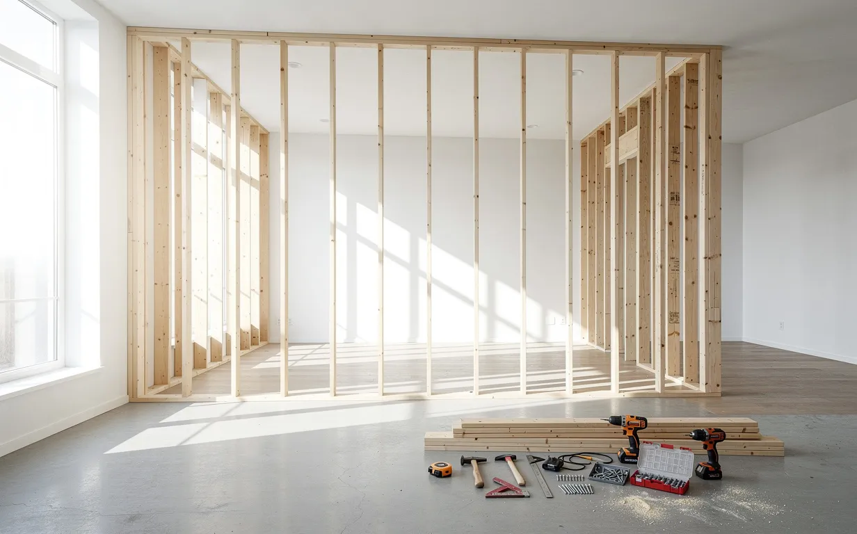 Mur en ossature bois partiellement construit dans une pièce moderne lumineuse avec des outils rangés au sol et des rayons de soleil traversant la structure.