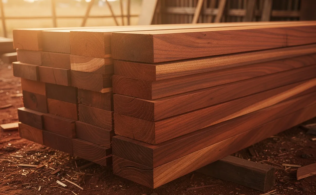 Des planches de bois de Sapelli fraîchement sciées, aux teintes brun-rouge et veinures visibles, reposent dans une scierie africaine sous une lumière douce.