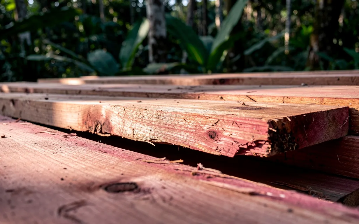 Des planches d’okoumé aux teintes rougeâtres éclairées par la lumière, posées devant une forêt tropicale gabonaise.