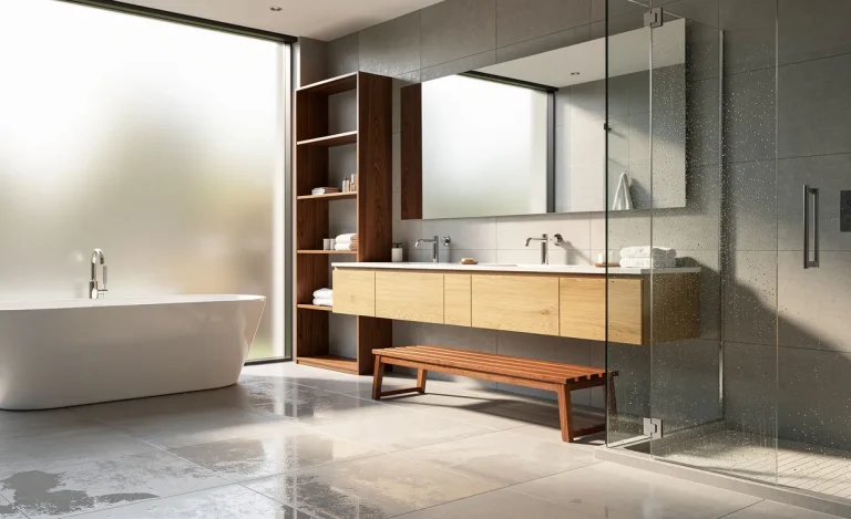 Salle de bain moderne avec mobilier en bois varié, lumière du soleil filtrée par une fenêtre dépolie et reflets doux sur des carreaux humides.