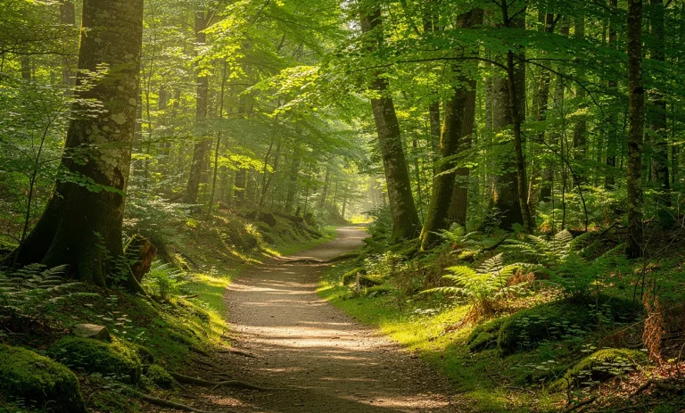 Un chemin forestier baigné de lumière serpente entre les arbres verts et la mousse dans le Bois de Kérozer près de Vannes.