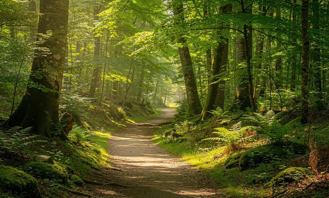 Un chemin forestier baigné de lumière serpente entre les arbres verts et la mousse dans le Bois de Kérozer près de Vannes.