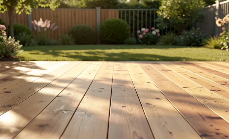 Terrasse en bois moderne surplombant un jardin paisible sous une lumière d’après-midi.