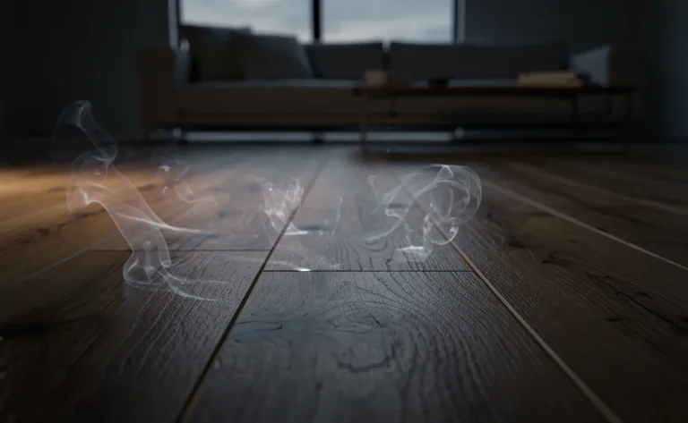 Des panneaux de parquet en bois d’ingénierie laissent échapper de légères volutes de vapeur dans un salon moderne faiblement éclairé.