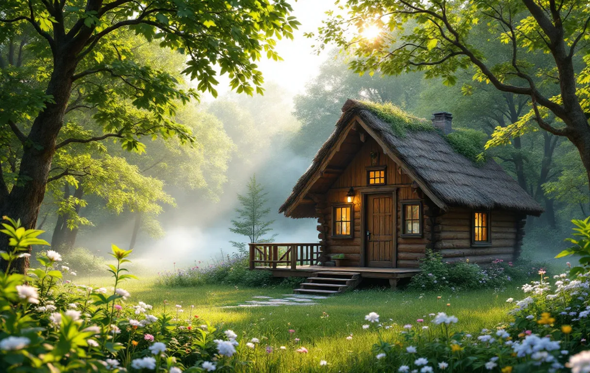 Un chalet en bois entouré d’arbres verts et de fleurs sauvages, baigné par une lumière douce à travers la brume matinale.
