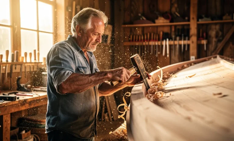 Un artisan façonne à la main une poutre courbe en bois dans un atelier baigné de lumière, avec des particules de sciure en suspension.